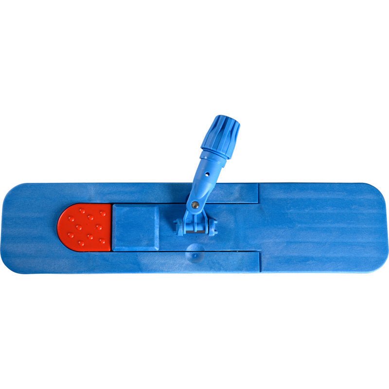 Az Abena Re-Seller GmbH mágneses összecsukható tartója egy kék, téglalap alakú laposmop fej piros pedállal és állítható, kék csuklóval a nyél rögzítéséhez, felülről nézve fehér alapon.