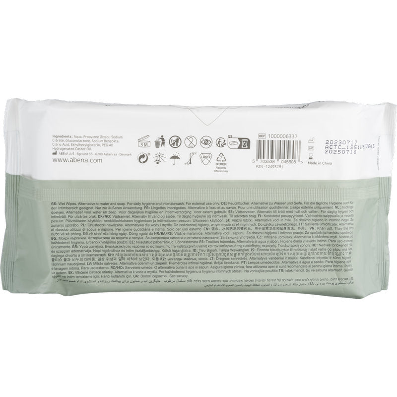 Az Abena Re-Seller GmbH nedves törlőkendő csomag (80 darab, 18x20 cm, fehér, ragasztózárral) hátoldala termékinformációkat, használati szimbólumokat, vonalkódot, lejárati dátumot és gyártói adatokat mutat több nyelven a napi higiénia érdekében.