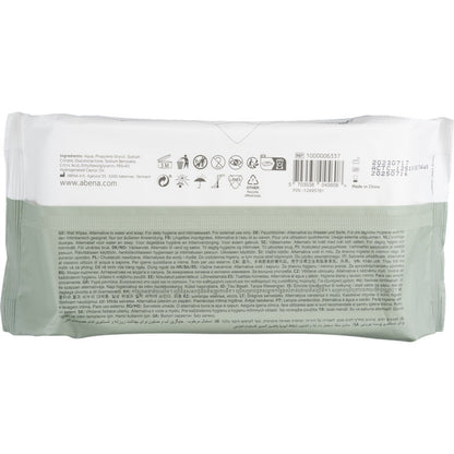 Az Abena Re-Seller GmbH nedves törlőkendő csomag (80 darab, 18x20 cm, fehér, ragasztózárral) hátoldala termékinformációkat, használati szimbólumokat, vonalkódot, lejárati dátumot és gyártói adatokat mutat több nyelven a napi higiénia érdekében.