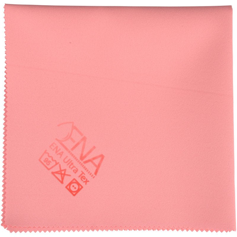 Az ENA Ultra Tex PU kendő az Abena Re-Seller GmbH-tól egy négyzet alakú, rózsaszín tisztítókendő (38x37 cm) cikkcakk széllel a csíkmentes tisztításhoz, nyomtatott márkalogóval és ápolási szimbólumokkal az egyik sarokban.