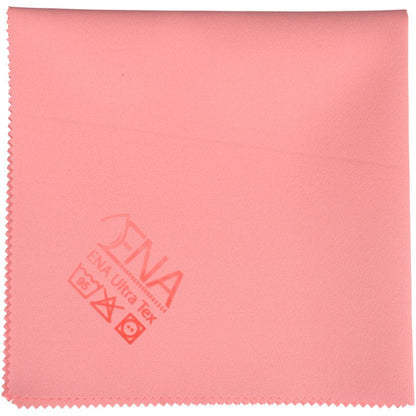 Az ENA Ultra Tex PU kendő az Abena Re-Seller GmbH-tól egy négyzet alakú, rózsaszín tisztítókendő (38x37 cm) cikkcakk széllel a csíkmentes tisztításhoz, nyomtatott márkalogóval és ápolási szimbólumokkal az egyik sarokban.