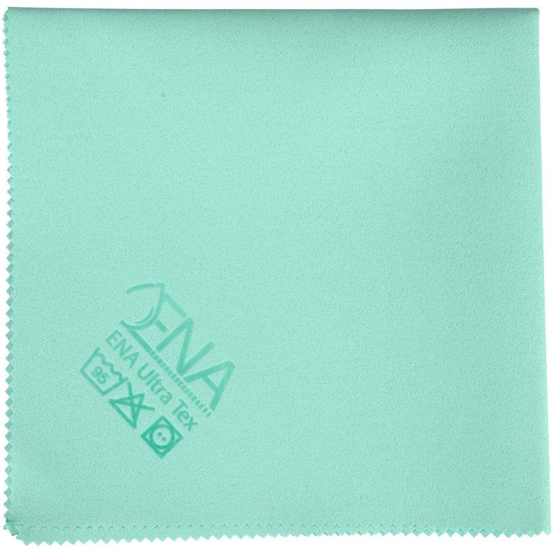 Az ENA Ultra Tex PU kendő az Abena Re-Seller GmbH-tól egy világoszöld 38x37 cm-es mikroszálas tisztítókendő cikkcakk széllel, nyomtatott ápolási szimbólumokkal és "ENA Ultra Tex" felirattal a sarokban - tökéletes a csíkmentes tisztításhoz.