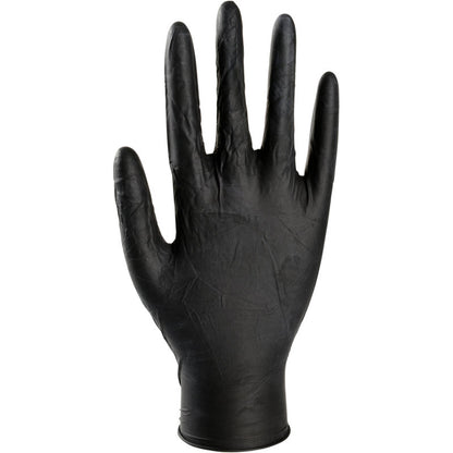 Ein einzelner Thor Black Latex Einweghandschuh, puderfrei von Abena Re-Seller GmbH, ist aufrecht mit gestreckten Fingern und Handfläche nach vorn vor weißem Hintergrund zu sehen. Perfekte Alternative zu herkömmlichen Handschuhen.