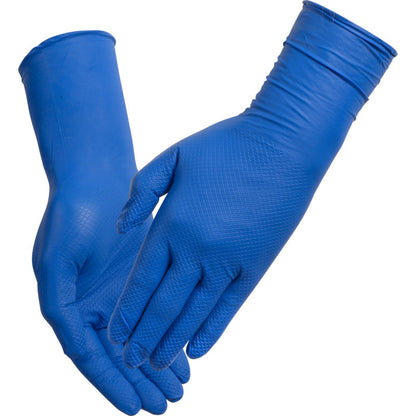 Ein Paar blaue Thor Ultra Grip Long Nitril-Handschuhe (30 cm) von Abena Re-Seller GmbH, strukturiert auf Handfläche und Fingern, wobei ein Handschuh auf dem anderen vor einem weißen Hintergrund ruht.