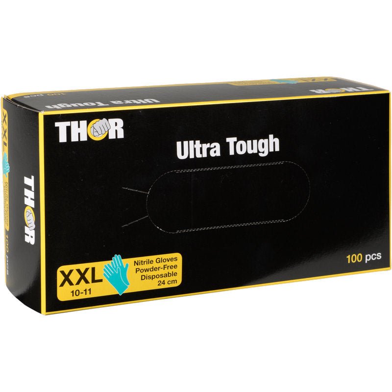 Egy doboz Thor Ultra Tough, Zöld nitril kesztyű az Abena Re-Seller GmbH-tól, XXL méret (10-11), púdermentes és eldobható, 24 cm hosszú, 100 darab. Ideális kültéri használatra, köszönhetően strapabírásuknak. Doboz zöld dizájn elemekkel.