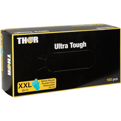 Egy doboz Thor Ultra Tough, Zöld nitril kesztyű az Abena Re-Seller GmbH-tól, XXL méret (10-11), púdermentes és eldobható, 24 cm hosszú, 100 darab. Ideális kültéri használatra, köszönhetően strapabírásuknak. Doboz zöld dizájn elemekkel.
