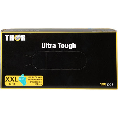 Egy téglalap alakú fekete doboz "Thor Ultra Tough, Zöld" felirattal az Abena Re-Seller GmbH-tól 100 púdermentes XXL egyszer használatos nitril kesztyűt tartalmaz, méret 10-11, 24 cm. Ideális szabadtéri tevékenységekhez - tartós zöld grafikával és sárga akcentusokkal.