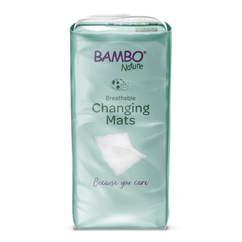 Eine Packung Bambo Nature Wickelunterlage, 60x60 cm mit Superabsorber (10 Paar) von Abena Re-Seller GmbH, in hellgrüner Verpackung mit einer Mattenillustration und dem Slogan "Because you care".