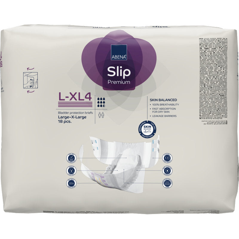Eine Packung ABENA Slip Flexi Fit M-L Premium von Abena Re-Seller GmbH enthält 18 Slips für Erwachsene. Die überwiegend weiße Verpackung enthält Produktdetails, eine Abbildung des Slips und hebt die flexible Passform (flexible Passform) hervor.