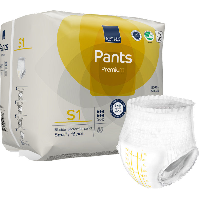 Egy csomag ABENA Pants Premium S az Abena Re-Seller GmbH-tól 16 kicsi, bőrbarát, tanúsított nadrágot tartalmaz, itt egy kinyitott a diszkrét inkontinenciavédelemért.