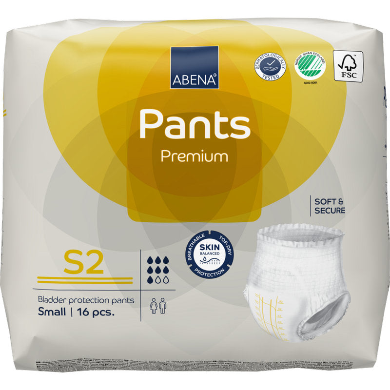 Az ABENA Pants Premium S az Abena Re-Seller GmbH-tól, S2 méretben, 16 darabos csomagban kapható. A sárga-szürke csomagolás hangsúlyozza a "soft & secure" kényelmet és a bőrvédelmet az inkontinenciagondozás során.