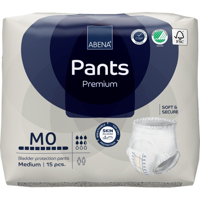Egy 15 darabos ABENA Pants Premium M az Abena Re-Seller GmbH-tól kiemelkedik magas nedvszívó képességével, "puha és biztos" és "bőrbarát" tulajdonságaival, a csomagoláson termék- és fenntarthatósági szimbólumokkal.