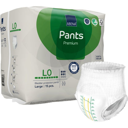 Egy 15 darabos csomag ABENA Pants Premium L az Abena Re-Seller GmbH-tól, nagy méret. Egy nadrág a csomagoláson kívül látható. Jól látható méretjelzéssel és rugalmas lábnyílásokkal rendelkezik a hatékony szivárgás elleni védelem érdekében.