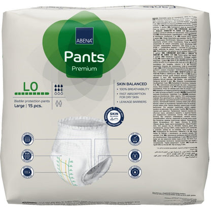 Egy 15 darabos ABENA Pants Premium L csomag az Abena Re-Seller GmbH-tól, amely szivárgás elleni védelemmel, légáteresztő képességgel, gyors nedvszívással rendelkezik, és száraz bőrre alkalmas.