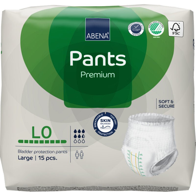Egy csomag ABENA Pants Premium L az Abena Re-Seller GmbH-tól, nagy méret, 15 darab, zöld-fehér csomagolásban szivárgás elleni védelem, magas nedvszívóképesség, tanúsítványok és bőrvédelem szimbólumokkal.
