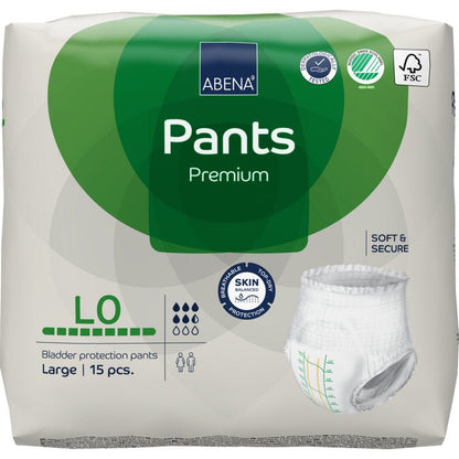 Egy csomag ABENA Pants Premium L az Abena Re-Seller GmbH-tól, nagy méret, 15 darab, zöld-fehér csomagolásban szivárgás elleni védelem, magas nedvszívóképesség, tanúsítványok és bőrvédelem szimbólumokkal.