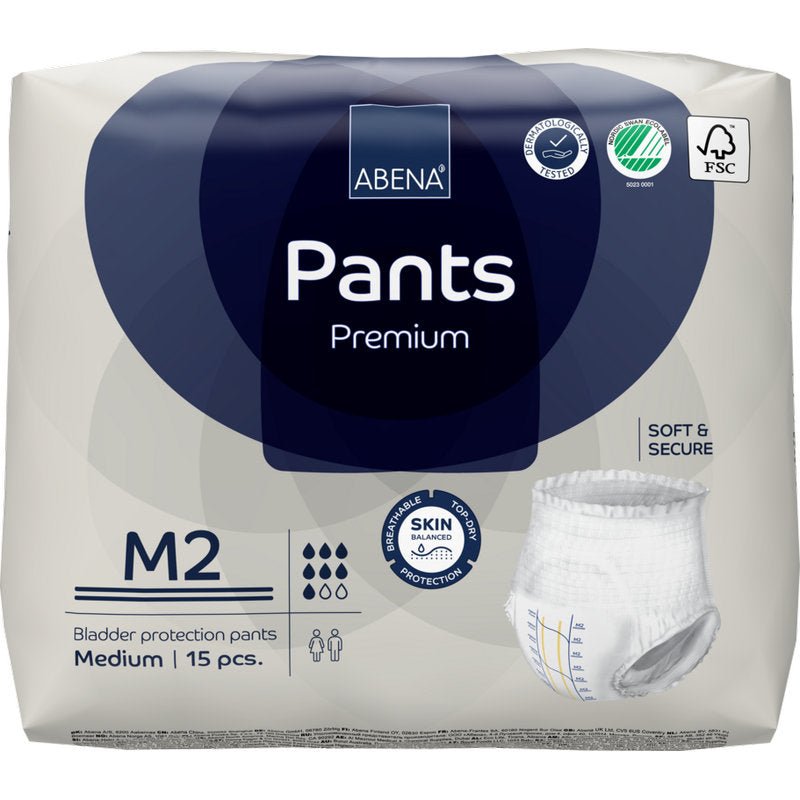 Egy 15 darabos ABENA Pants Premium M az Abena Re-Seller GmbH-tól. A fehér-kék csomagolás ikonokat mutat a magas nedvszívó képességről, bőrvédelemről, nedvszívó képességről és öko-tanúsításról.