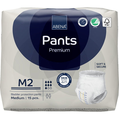 Egy 15 darabos ABENA Pants Premium M az Abena Re-Seller GmbH-tól. A fehér-kék csomagolás ikonokat mutat a magas nedvszívó képességről, bőrvédelemről, nedvszívó képességről és öko-tanúsításról.