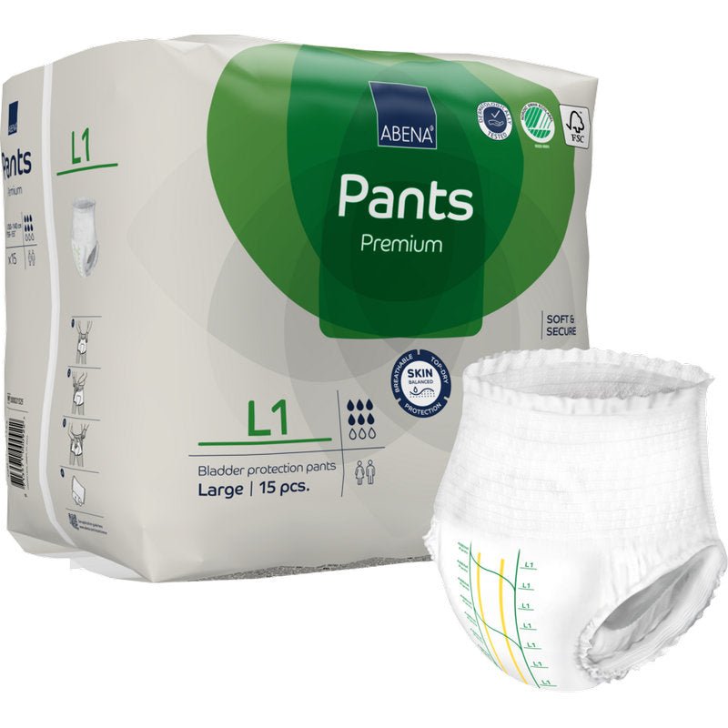 Egy 15 darabos ABENA Pants Premium L csomag az Abena Re-Seller GmbH-tól megbízható szivárgás elleni védelmet nyújt. A fehér-zöld csomagolás egyetlen nadrágot mutat praktikus mérővonalakkal az elején.