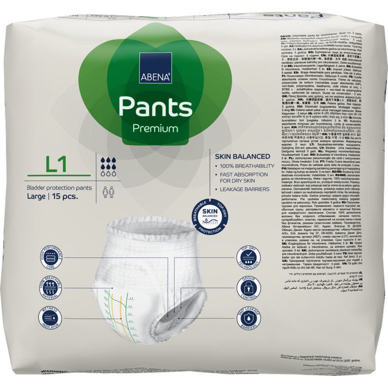 ABENA Pants Premium L az Abena Re-Seller GmbH-tól: 15 darabos húgyhólyagvédő nadrág csomag felnőtteknek, nagy méret. Jellemzői a légáteresztő képesség, gyors nedvszívás és száraz bőrre való alkalmasság - ideális inkontinencia ellátásra.