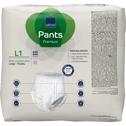 ABENA Pants Premium L az Abena Re-Seller GmbH-tól: 15 darabos húgyhólyagvédő nadrág csomag felnőtteknek, nagy méret. Jellemzői a légáteresztő képesség, gyors nedvszívás és száraz bőrre való alkalmasság - ideális inkontinencia ellátásra.