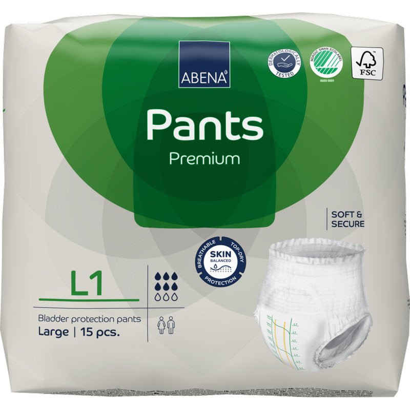 Egy csomag ABENA Pants Premium L az Abena Re-Seller GmbH-tól, nagy méret, 15 húgyhólyagvédő nadrágot tartalmaz. A fehér-zöld csomagoláson szivárgás elleni védelem felirat és egy védőnadrág képe látható.