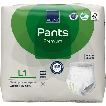 Egy csomag ABENA Pants Premium L az Abena Re-Seller GmbH-tól, nagy méret, 15 húgyhólyagvédő nadrágot tartalmaz. A fehér-zöld csomagoláson szivárgás elleni védelem felirat és egy védőnadrág képe látható.