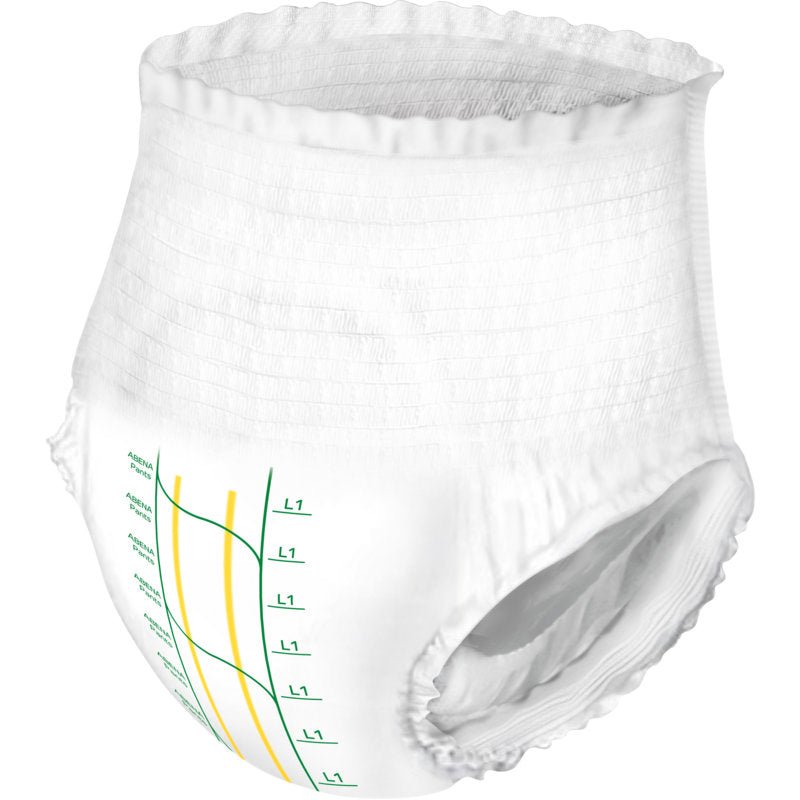 Az ABENA Pants Premium L az Abena Re-Seller GmbH-tól egy eldobható felnőtt nadrág rugalmas derék- és lábnyílásokkal, zöld/sárga jelzővonalakkal, számozott nedvességskálával, megbízható inkontinencia-védelmet nyújt.