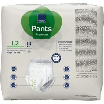 Egy 15 darabos csomag ABENA Pants Premium L az Abena Re-Seller GmbH-tól, nagy méret, túlnyomórészt fehér csomagolásban zöld akcentusokkal, szivárgás elleni védelem információkat, termék részleteket és egy nadrág képet tartalmaz.