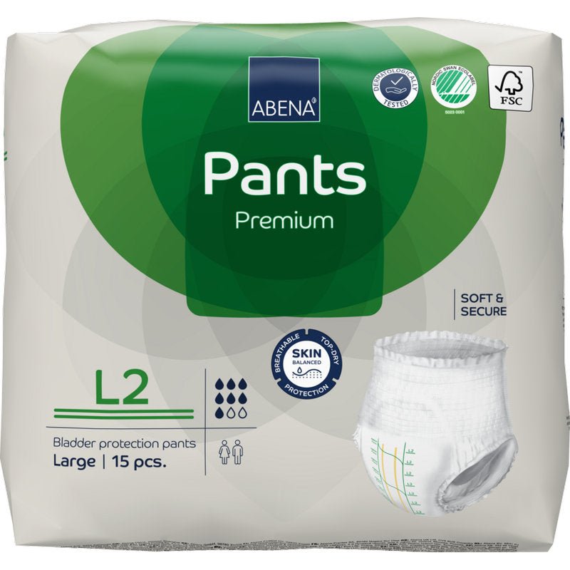Egy 15 darabos csomag ABENA Pants Premium L az Abena Re-Seller GmbH-tól, nagy méret. A csomagolás szivárgás elleni védelemmel, tanúsítványokkal és egy termékképpel rendelkezik.
