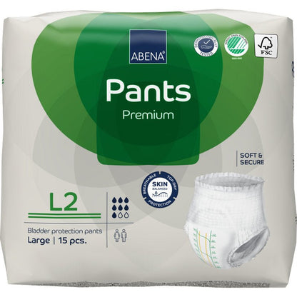 Egy 15 darabos csomag ABENA Pants Premium L az Abena Re-Seller GmbH-tól, nagy méret. A csomagolás szivárgás elleni védelemmel, tanúsítványokkal és egy termékképpel rendelkezik.