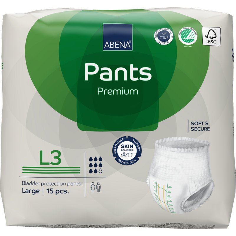 Egy 15 darabos ABENA Pants Premium L csomag az Abena Re-Seller GmbH-tól, zöld-fehér csomagolásban szivárgás elleni védelemmel, termékinformációval és egy nadrág képével az elején.