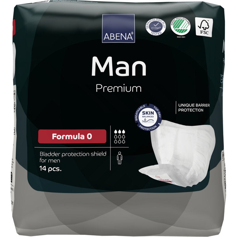 Egy 14 darabos ABENA Man Formula Premium csomag az Abena Re-Seller GmbH-tól, Formula 0, egyedi gátvédelemmel és bőrbarát tanúsítvány logókkal a csomagoláson.