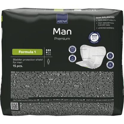 Egy 15 darabos ABENA Man Formula Premium csomag az Abena Re-Seller GmbH-tól, egyszerű fekete csomagolásban termék részletekkel és a férfi inkontinenciavédelem képeivel az elején.
