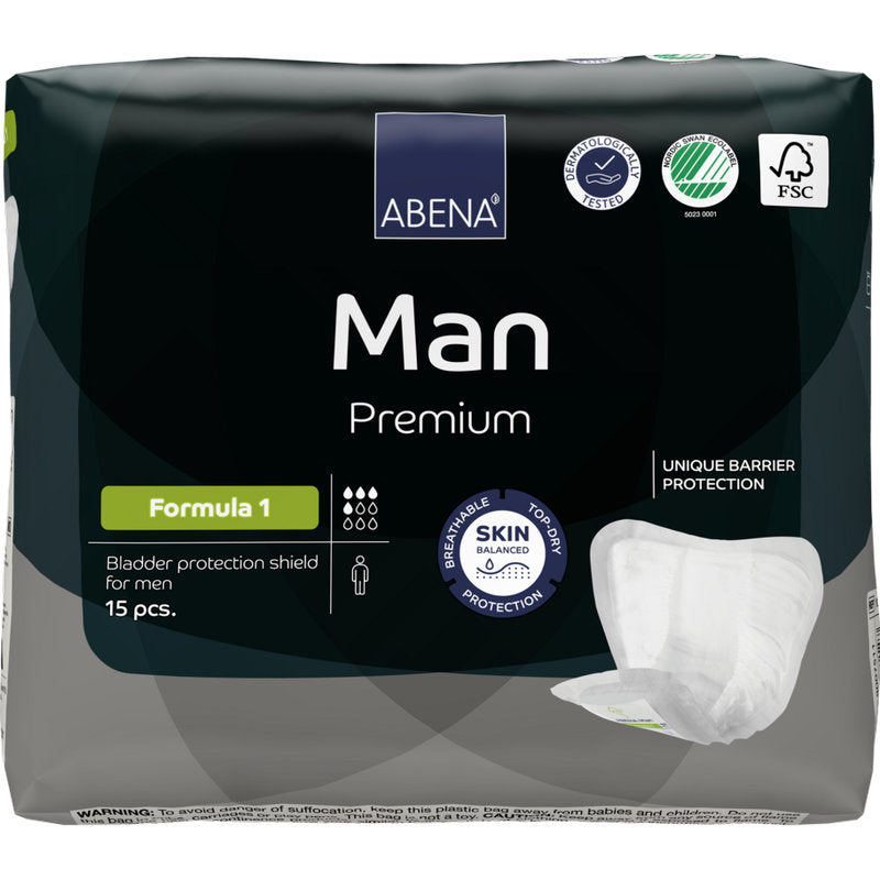 Egy 15 darabos ABENA Man Formula Premium csomag az Abena Re-Seller GmbH-tól légáteresztő képességgel, bőregyensúly fenntartásával és egyedi gátvédelemmel a megbízható inkontinenciagondozás érdekében férfiak számára.