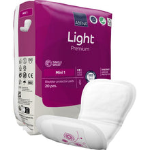 Egy csomag ABENA Light Mini 1, Premium az Abena Re-Seller GmbH-tól 20 betétet tartalmaz enyhe inkontinenciára. Elöl egy betét van ábrázolva. A lila-fehér csomagolás termékrészleteket és márkalogókat mutat.