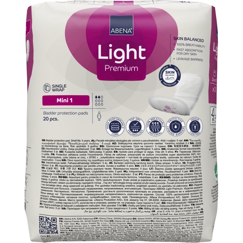 ABENA Light Mini 1, Premium csomag (20 darab) az Abena Re-Seller GmbH-tól enyhe inkontinenciára, többnyelvű részletekkel, termékmegjelenítéssel és egy inkontinencia betét ábrázolásával a jobb oldalon.