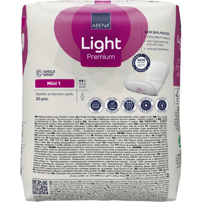 ABENA Light Mini 1, Premium csomag (20 darab) az Abena Re-Seller GmbH-tól enyhe inkontinenciára, többnyelvű részletekkel, termékmegjelenítéssel és egy inkontinencia betét ábrázolásával a jobb oldalon.