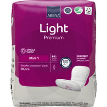 Egy csomag ABENA Light Mini 1, Premium az Abena Re-Seller GmbH-tól 20 betétet tartalmaz enyhe inkontinenciára. A lila csomagolás egyes csomagolással és diszkrét szivárgásvédelemmel rendelkezik, tiszta fehér felirattal és szimbólumokkal.
