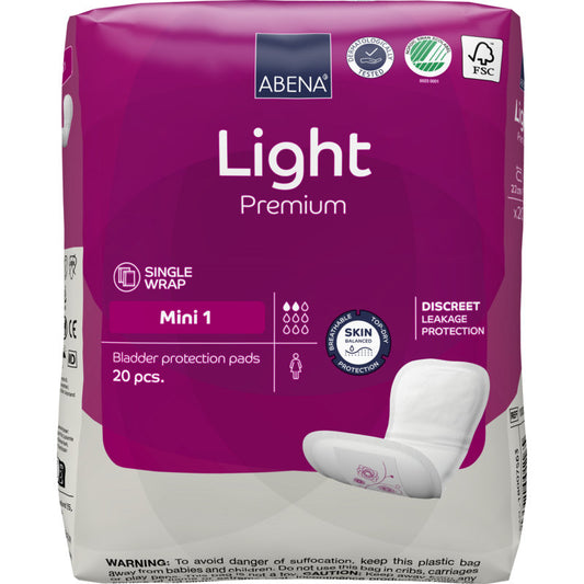 Eine Packung mit 20 ABENA Light Mini 1, Premium Pads von Abena Re-Seller GmbH, für leichte Inkontinenz. Die meist lila-weiße Verpackung zeigt ein einzelnes Pad-Bild in der unteren rechten Ecke.