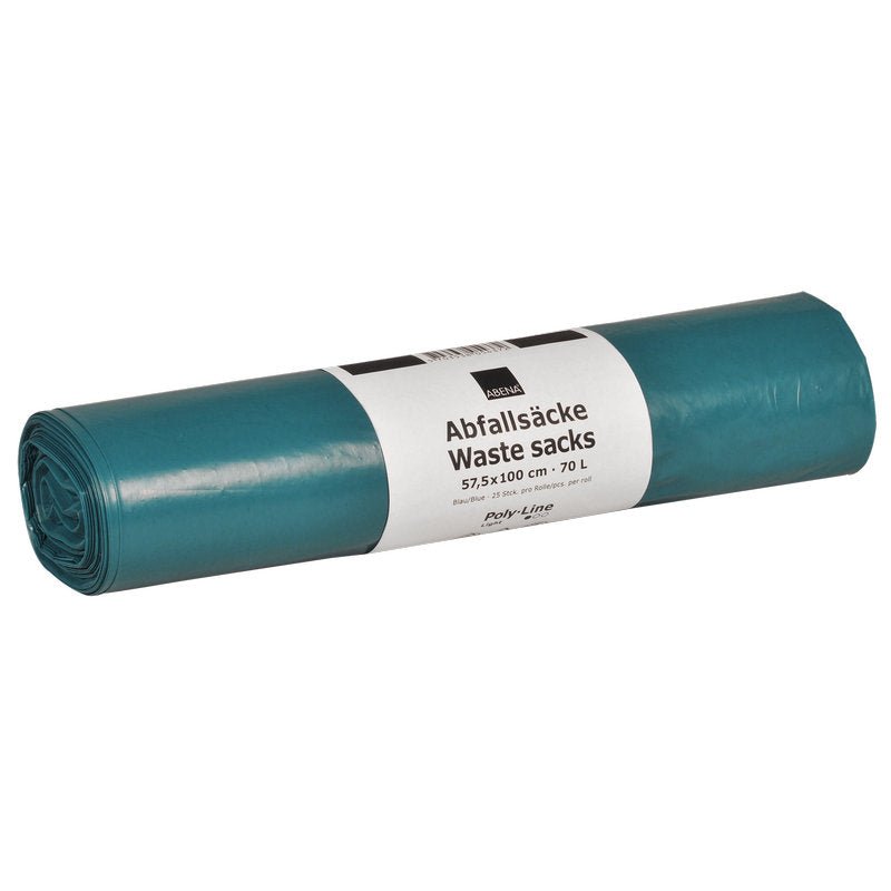 Egy feltekert kék Abena Re-Seller GmbH LDPE szemeteszsák 70 L (575x1000 mm, 32 my) fehér címkével, ideális hulladékkezeléshez.