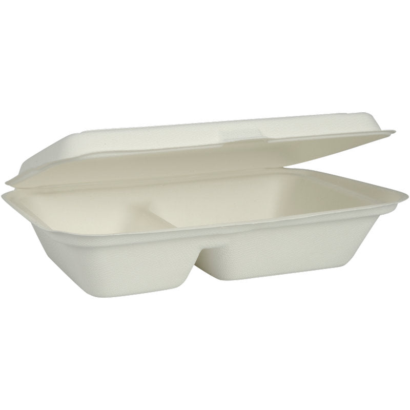 Weiße, rechteckige Menübox Bagasse von Abena Re-Seller GmbH, 2 Fächer, 25x16,2x6,3 cm, offen und leer dargestellt - biologisch abbaubare, nachhaltige Verpackung. Packung mit 50 Paaren.
