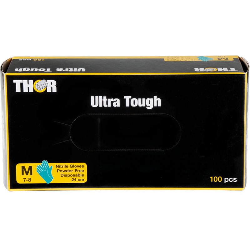 Egy zöld doboz "Thor Ultra Tough" felirattal az Abena Re-Seller GmbH-tól 100 közepes méretű, púdermentes eldobható nitril kesztyűt tartalmaz (24 cm) - a tartós termék ideális szabadtéri tevékenységekhez.
