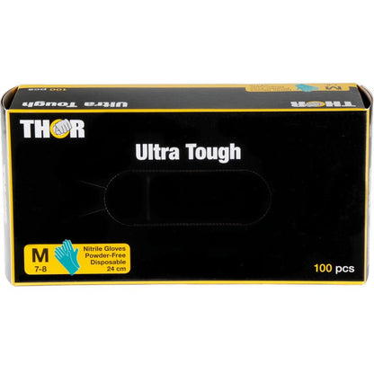 Egy zöld doboz "Thor Ultra Tough" felirattal az Abena Re-Seller GmbH-tól 100 közepes méretű, púdermentes eldobható nitril kesztyűt tartalmaz (24 cm) - a tartós termék ideális szabadtéri tevékenységekhez.