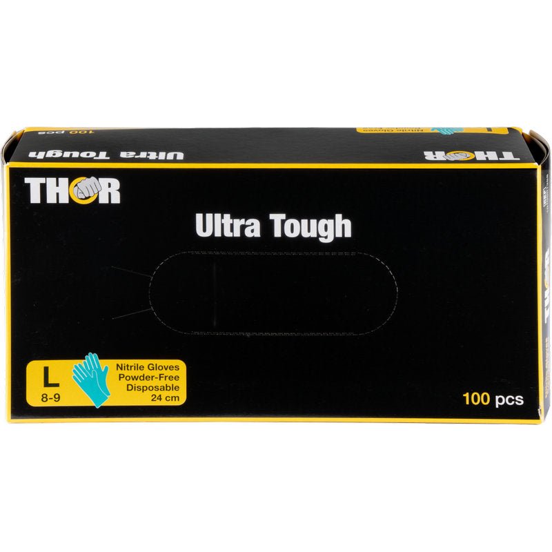 Egy zöld doboz "Thor Ultra Tough" felirattal az Abena Re-Seller GmbH-tól 100 nagy, púdermentes eldobható nitril kesztyűt tartalmaz (méret 8-9, 24 cm) - ideális szabadtéri tevékenységekhez. A méretjelölés mellett egy kék kesztyű ábrázolás jelenik meg.