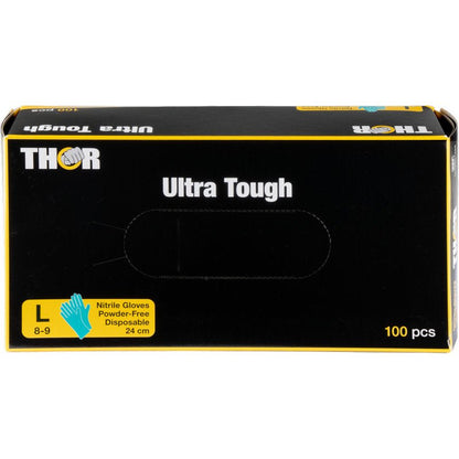 Egy zöld doboz "Thor Ultra Tough" felirattal az Abena Re-Seller GmbH-tól 100 nagy, púdermentes eldobható nitril kesztyűt tartalmaz (méret 8-9, 24 cm) - ideális szabadtéri tevékenységekhez. A méretjelölés mellett egy kék kesztyű ábrázolás jelenik meg.