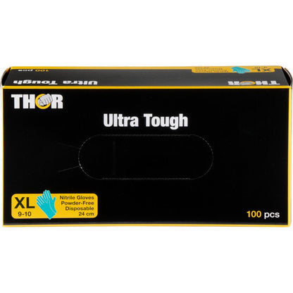 Egy zöld doboz "Thor Ultra Tough" felirattal az Abena Re-Seller GmbH-tól 100 púdermentes eldobható nitril kesztyűt tartalmaz XL méretben (9-10) sárga és kék akcentusokkal - ideális szabadtéri tevékenységekhez.