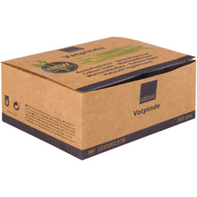 Eine braune Pappschachtel mit der Aufschrift "Abena Re-Seller GmbH" enthält 200 nachhaltige Wattestäbchen (7,5 cm) aus Bambus und Baumwolle. Die Packung ist mit grünen Pflanzen verziert und ideal für umweltbewusste Nutzer.