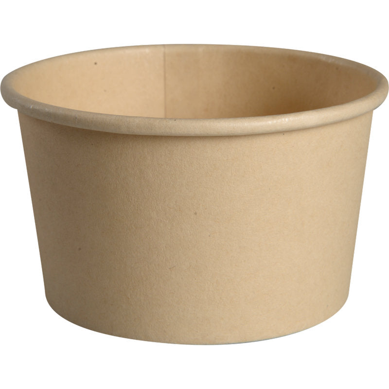 Der Abena Re-Seller GmbH Eisbecher 120 ml, Pappe/PE ist ein schlichter, brauner, runder Eisbecher mit glatten Rändern und PE-Beschichtung, fotografiert vor einem weißen Hintergrund.