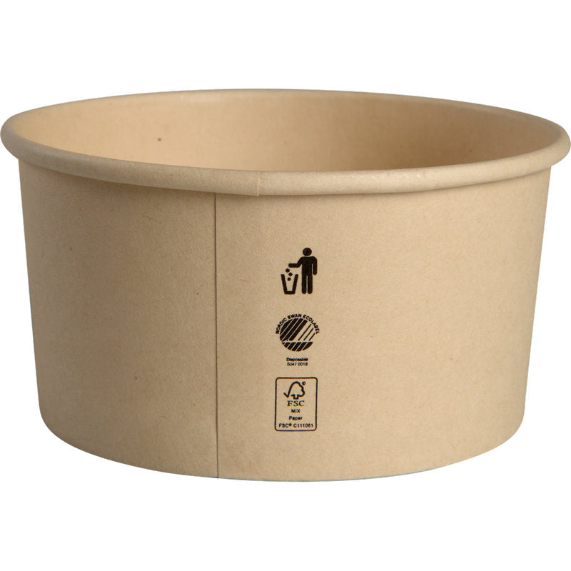 Der Abena Re-Seller GmbH Eisbecher 120 ml, Pappe/PE, ist ein runder, einfarbig brauner Pappbecher mit drei schwarzen Seitensymbolen - Müllsymbol, Kreiszeichen und FSC-Logo. Der markenlose Behälter ist leer.